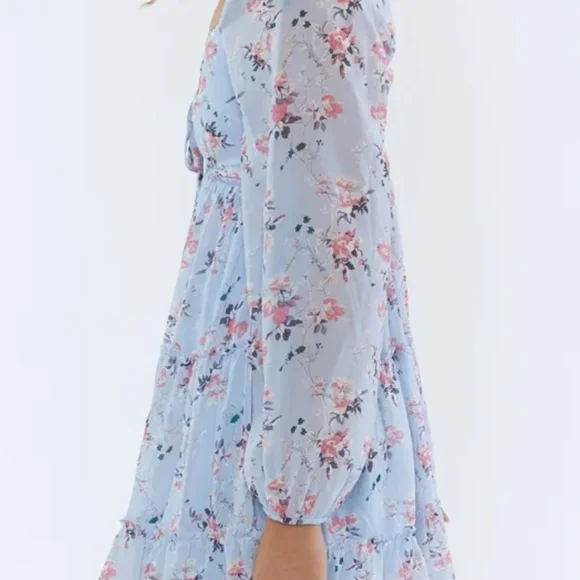 F21 Floral Print Long Sleeve Milkmaid Mini Dress Baby Blue / L/G  BNWT - Picture 3 of 4